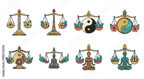 Balance Scales and Yin Yang Symbols with Floral and Human Figures