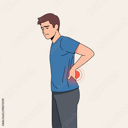 Man with back pain, holding his lower back with a red spot indicating discomfort