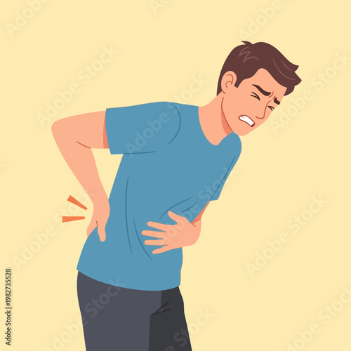 Man with back pain, holding his lower back in discomfort, medical concept
