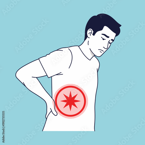 Man with back pain, kidney pain, discomfort, and inflammation highlighted