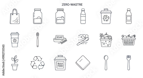 Zero Waste Lifestyle Icons: Sustainable Living, Eco-Friendly Products, Reusable Items