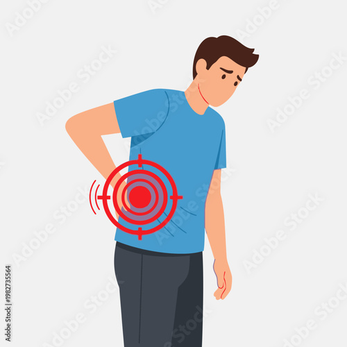 Man with back pain, lower back ache, pain relief concept, red target symbol