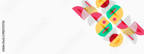 Abstract colorful shapes overlap, creating dynamic visual pattern. Minimalist design with bright hues dominates white background.