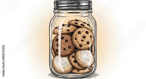 Chocolate chip cookies in a clear glass jar with metal lid on white background for baking and snacking