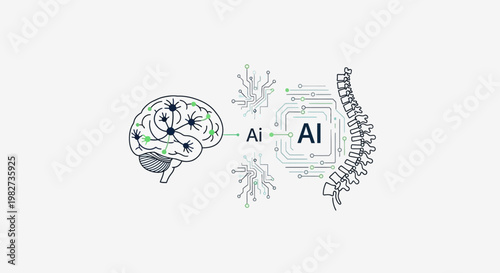 A futuristic illustration depicts a human brain connected to a robotic spine through AI symbols.
