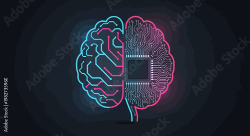 A futuristic illustration of a brain with a neon outline and a microchip embedded in it, set against a dark background.