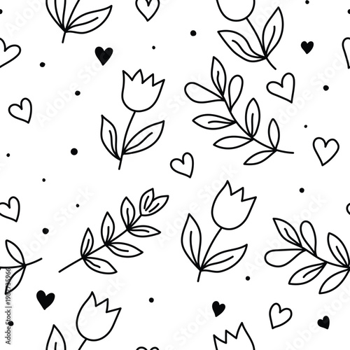 Seamless Floral Pattern with Leaves, Tulip Flowers and Hearts