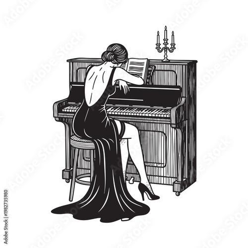 Mysterious Gothic Woman Playing Piano by Candlelight in Long Black Dress, Dark Vintage Vector Illustration