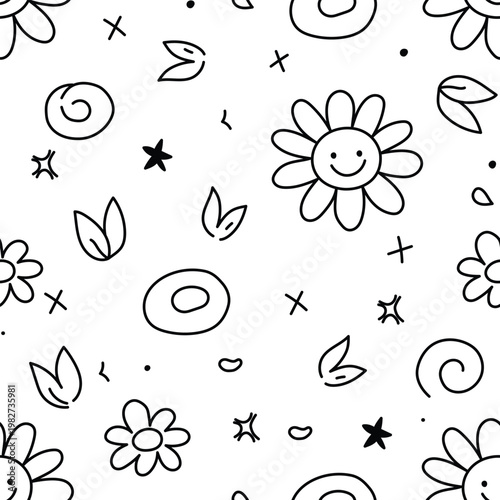 Seamless Pattern with Smiling Flowers, Leaves and Abstract Shapes