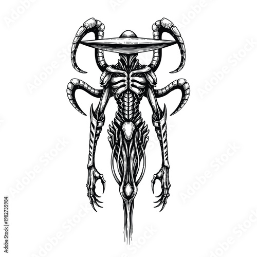 Alien Biomechanical Monster Creature with Tentacles and Claws, Sci-Fi Horror Detailed Black and White Vector