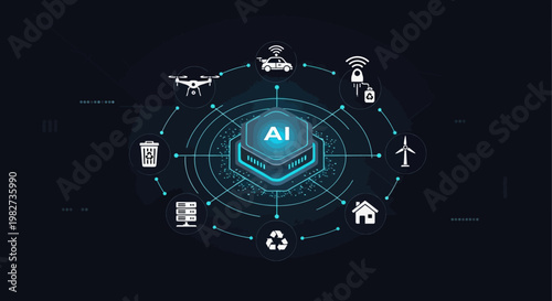 Artificial Intelligence Network Connecting Various Devices and Icons