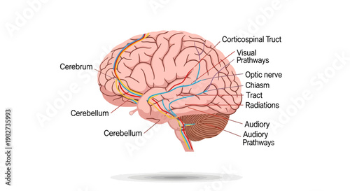 The human brain displays its cerebellum cerebrum and optic nerve tract