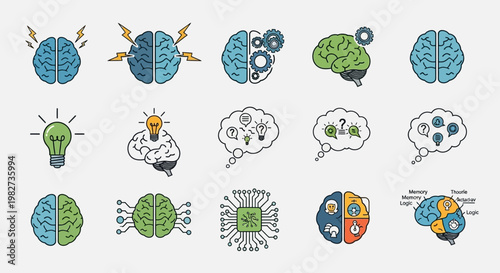 Brain icons and illustrations show various thoughts and ideas about science and technology