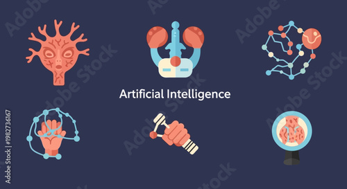 Artificial Intelligence concepts illustrated through various robotic and brain-related icons