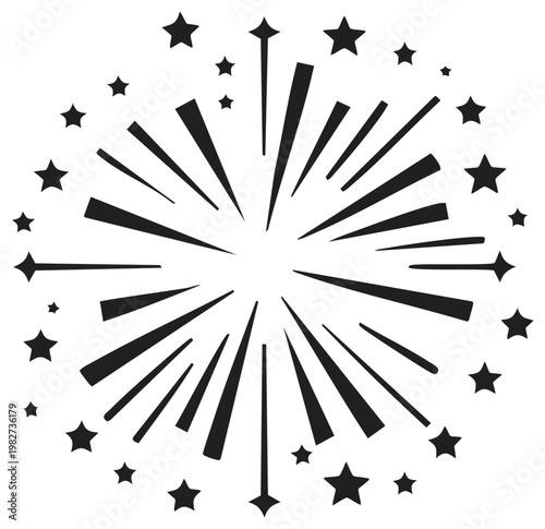 Abstract burst of starburst rays and scattered stars emanating from a central point suggesting celebration or explosive energy