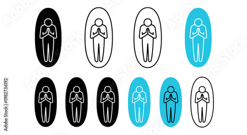Four yoga poses in lotus position black and teal line art icons