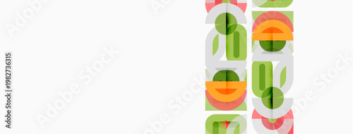 Abstract colorful geometric shapes overlap, creating dynamic visual pattern. Minimalist design with bright hues dominates white background.