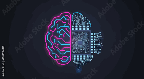 A futuristic illustration of a brain merged with a circuit board showcasing technology and science.