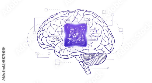 A futuristic brain with a microchip implant is illustrated in a technical drawing.