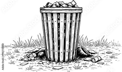 Overfilled wooden trash can with scattered litter and grass a white background garbage