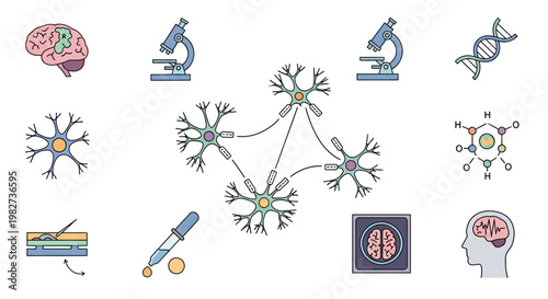 The human brain and nervous system are shown with various scientific tools and illustrations of neurons, DNA, and microscopes in a medical laboratory setting from a conceptual viewpoint.