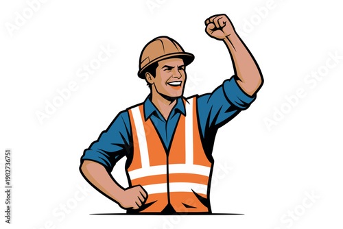 Construction worker wearing a hard hat celebrates a job completion.