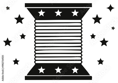 Stylized thread spool with stars, black and white illustration