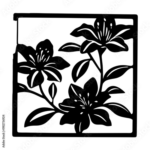 Fotografie Floral lily silhouette vector, black and white flower stencil in square frame, b