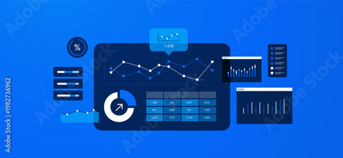 Performance dashboard with analytics charts and KPI metrics for business tracking. Performance dashboard with data visualization and reporting tools for digital analytics vector illustration