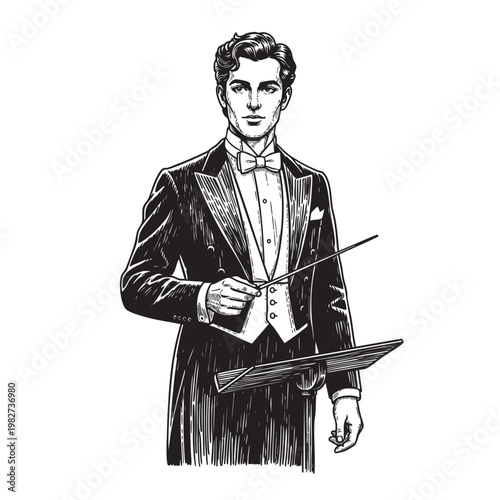 Victorian Gentleman Artist Holding Palette and Paintbrush in Tuxedo, Elegant Vintage Engraving Black and White Vector