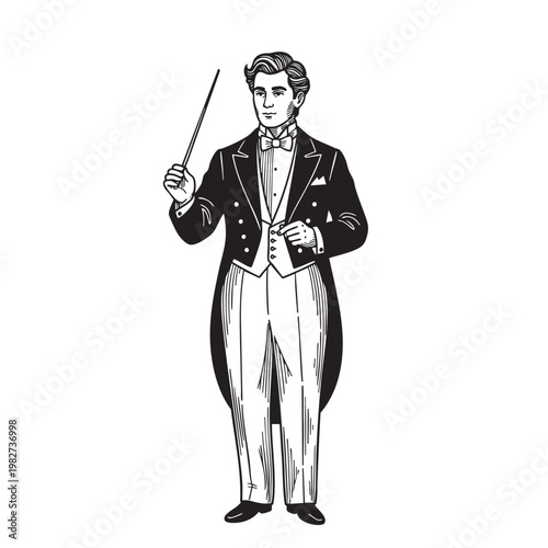 Victorian Magician Conductor in Tuxedo with Wand Full Body Illustration, Classic Vintage Black and White Vector Art