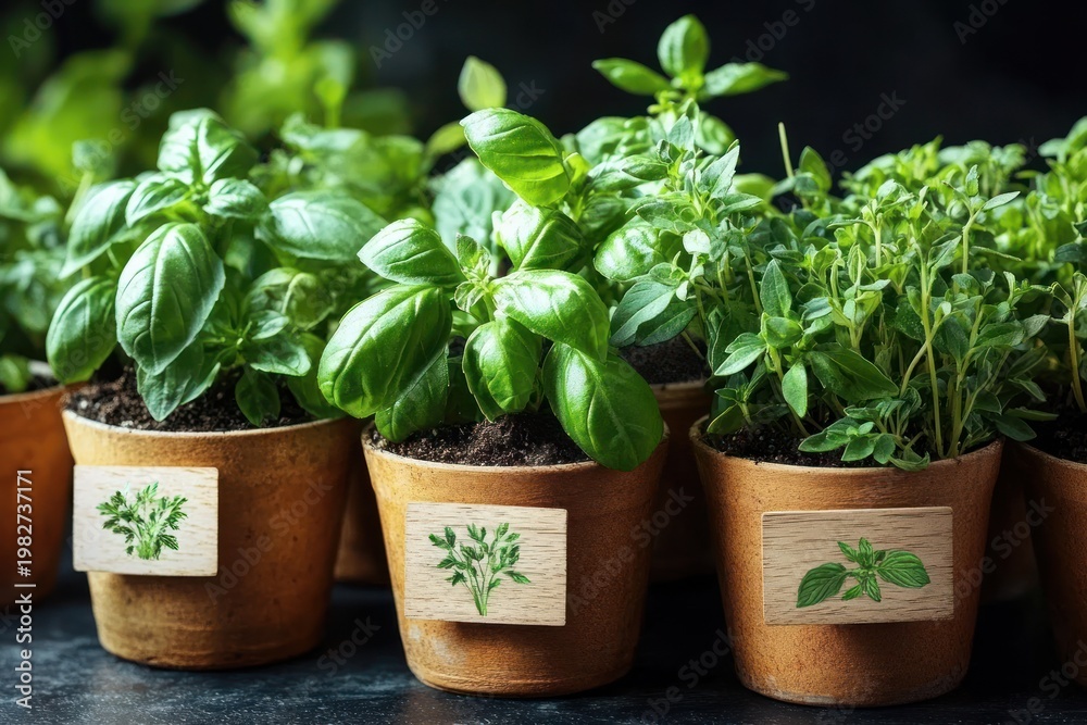 Fototapeta premium close-up of healthy potted herb plants in terracotta pots with wooden label tags, lush green basil and small-leaved herbs, fresh vibrant kitchen garden mood