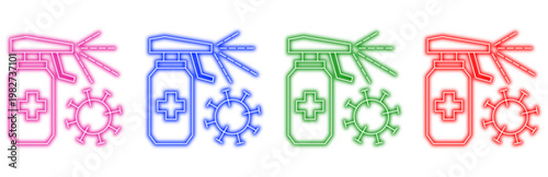 colorful neon set of spray bottles with medical cross and virus icons representing disinfection and health protection against covid and disease outbreak