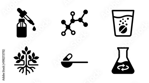 Set of Chemical Icons Including Medication Dropper Molecule Test Tube and Plant Roots