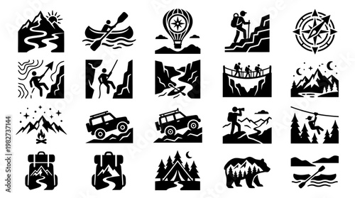 Set of Outdoor Adventure Icons for Hiking Camping and Nature Exploration