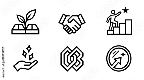 Set of Modern Icons for Business and Growth, Handshake, Success, and Leadership
