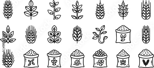 Black and White Line Art Icons of Wheat, Grains, and Sprouts for Food Industry
