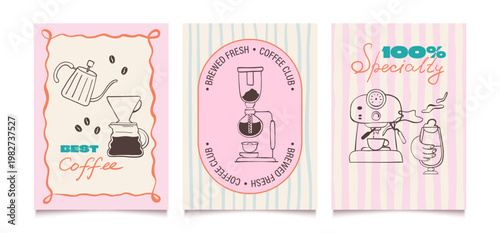 Hand drawn coffee posters. Breakfast or brunch doodle design set for cafe, menu, shop. Vintage  illustration in line art.