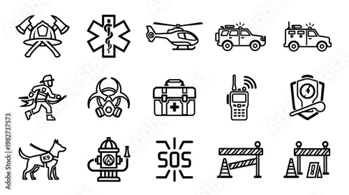 Set of Medical and Emergency Icons with Vehicles, Equipment, and Safety Symbols