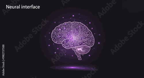 Purple neural interface light glows around a brain in darkness