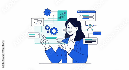 Woman Interacting With Data And Technology Flow Chart