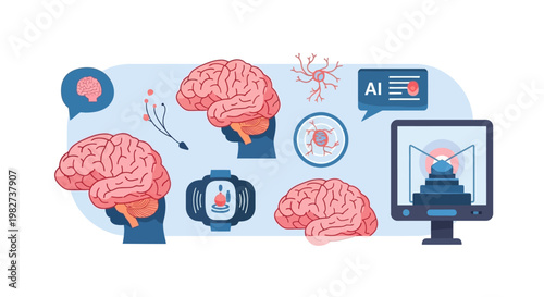 A futuristic illustration of brains and a computer screen showing AI concepts.