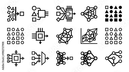 Vector Icon Set of Neural Network and Artificial Intelligence Symbols for Data Science and Technology