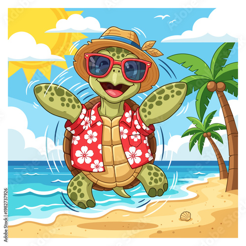 Happy Summer Turtle in Hawaiian Shirt and Sunglasses at Tropical Beach Paradise