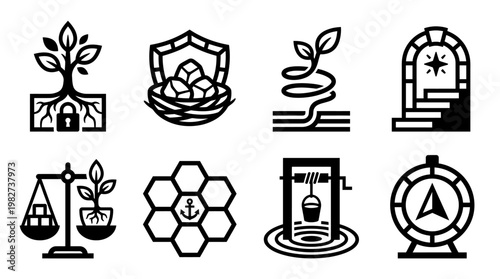 Vector Icon Set of Nature and Wellness Symbols for Spiritual and Eco-Friendly Concepts