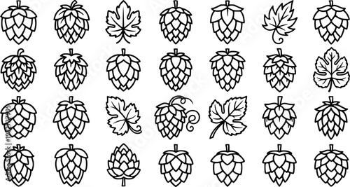 Brewing Industry Hops and Leaves Black and White Line Art Icons Set. Outline Glyphs for Craft Beer Production, Botanical Plant Ingredient Vector Collection.
