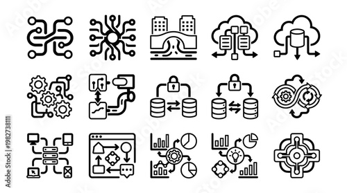 Icon Set of Technology and Data Management Symbols for Digital Solutions and Cloud Computing