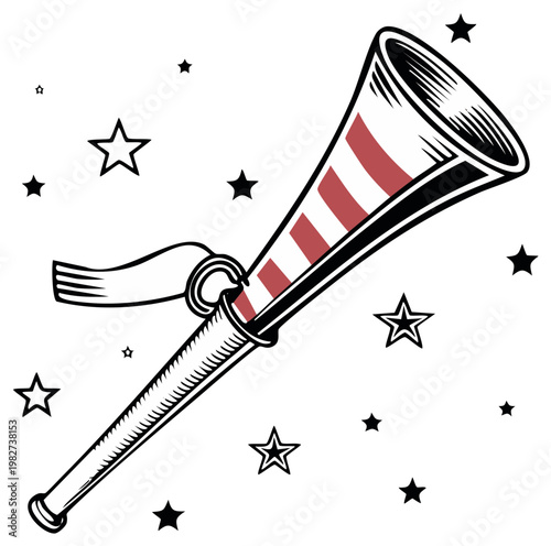 Illustrated vuvuzela horn with stars, vintage style, party celebration