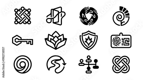 Set of Modern Icons Representing Security, Connectivity, and Technology in Flat Design Style