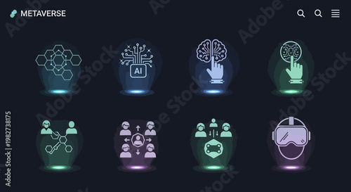 A futuristic virtual reality interface displays various icons and graphics on a dark background.